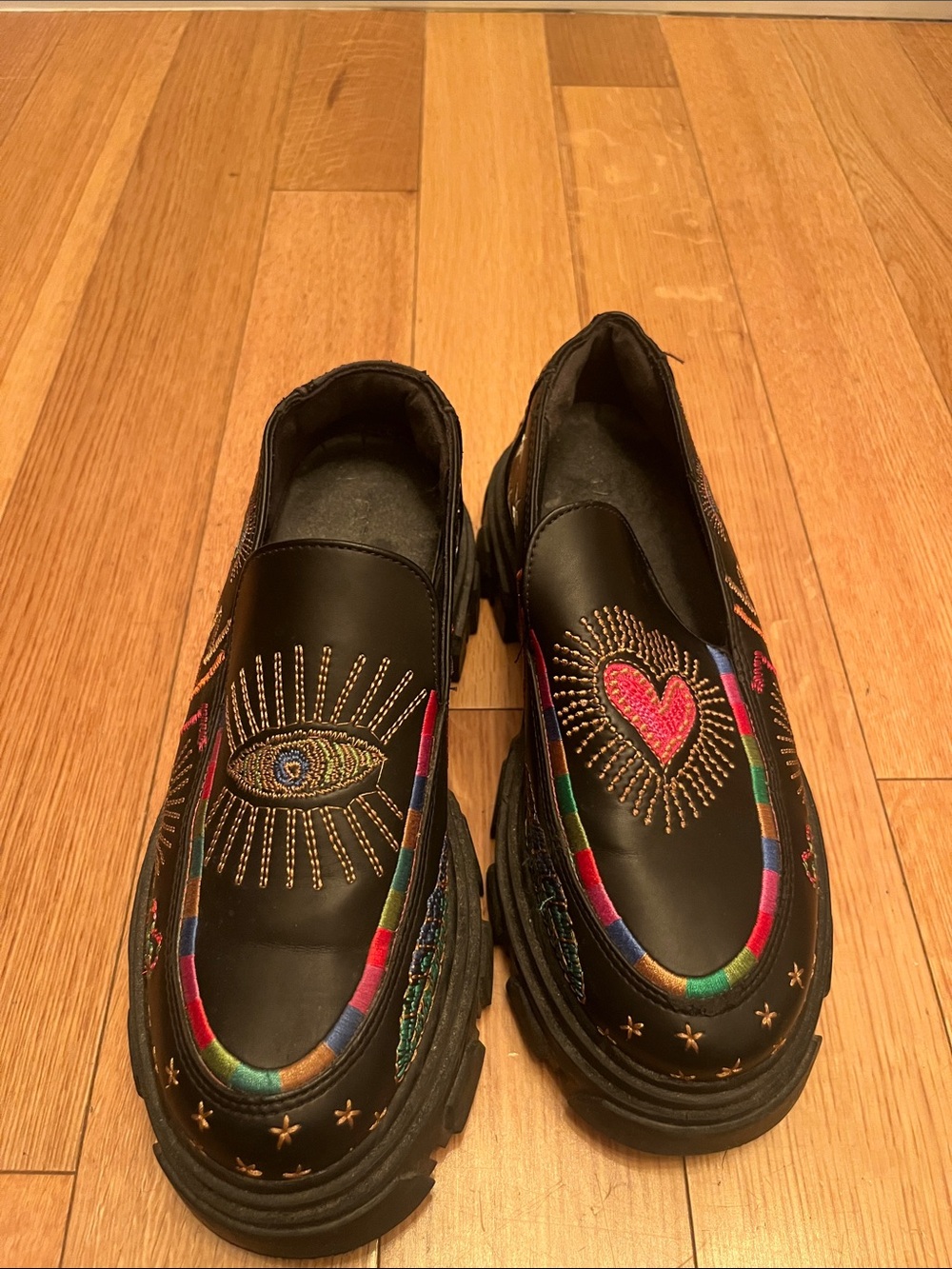 FARM Rio Black Embroidered Rainbow Eye & Heart Loafers